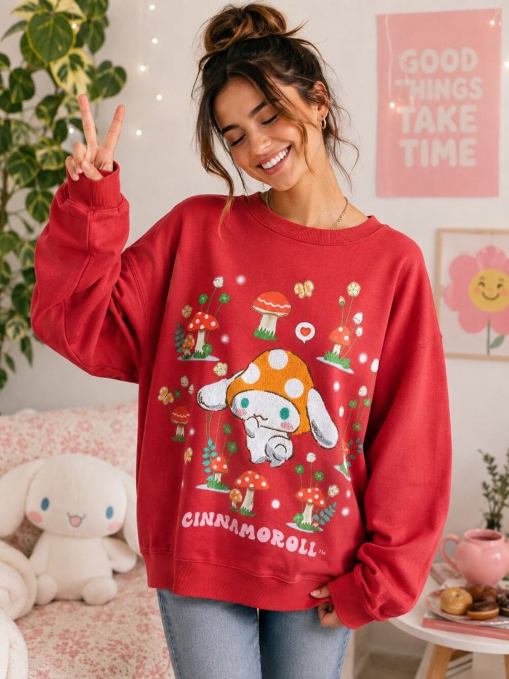 NWT Sanrio Cinnamoroll Mushroom Chenille Sweatshirt Red Women's XL Kawaii